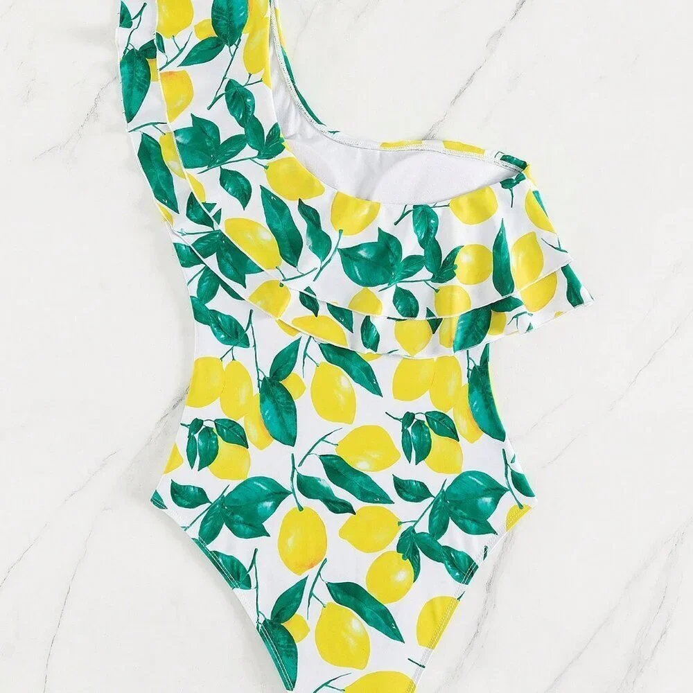 Multicolor Boho Women's Lemon Print Ruffle Trim One-Shoulder One-Piece Suit